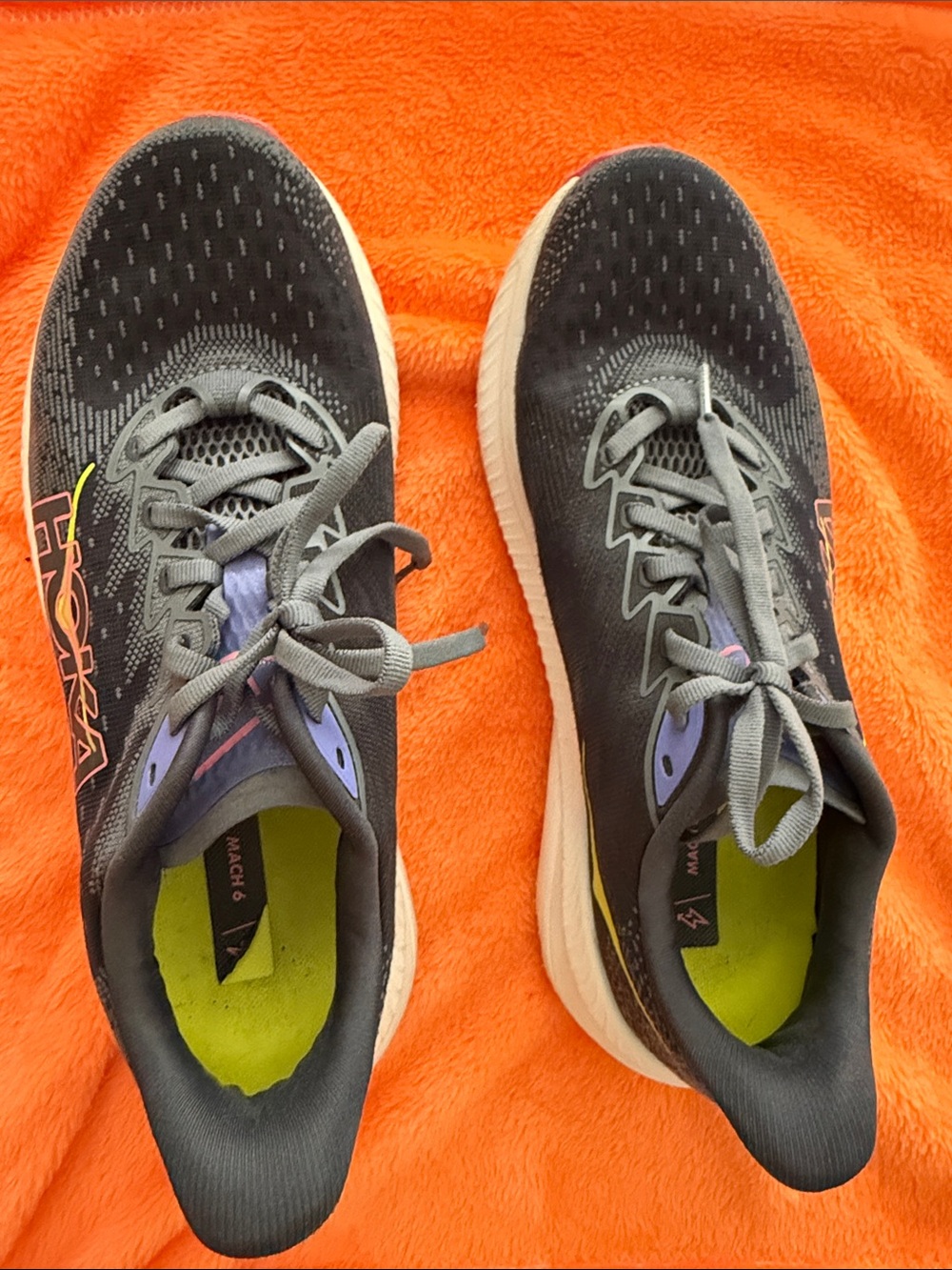 Hoka Women's Black Running Shoes with Purple and Neon Green Accents Mach 6